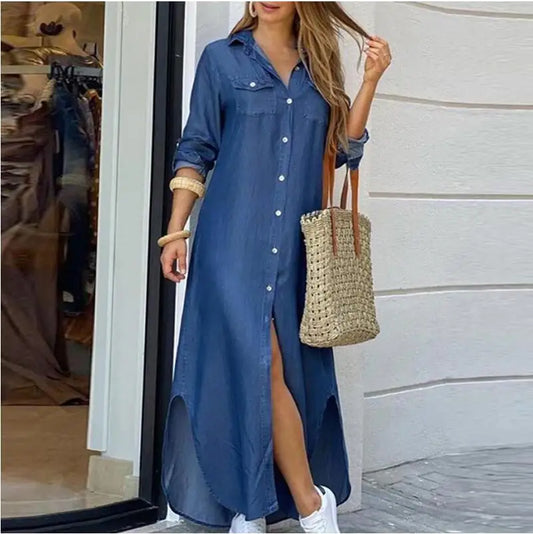 Elegant Maxi Beach Dress Women Button Down Long Shirt Dress Summer Chain Print Lapel Neck Party Dress Casual Long Sleeve Vestido