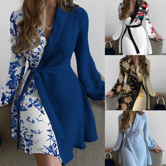 2023 New Trend Women's European and American Autumn and Winter Temperament One Piece Color Blocking Tie Long Sleeved Dresses