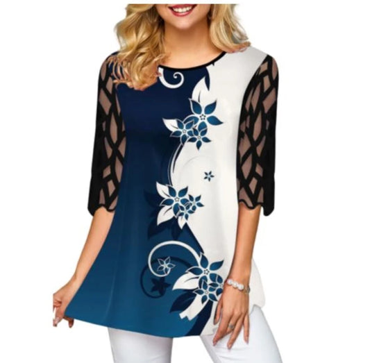 Plus Size 4xl 5XL Shirt Blouse Female Spring Summer New Tops Half Sleeve Lace Splice Print Boho Women shirt