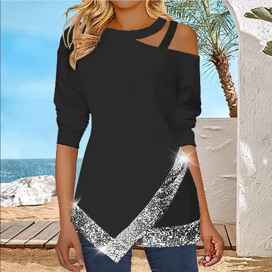 2022 New Autumn Winter Women's Sexy Off-shoulder Irregular Sequined Long-sleeved Casual Top O-Neck Solid Color Pullover T-shirts