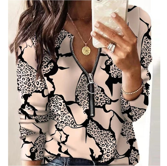 Color Block Women Blouse Shirt Fashion Zipper V-Neck Long Sleeve Spring Autumn New Street Hipster Tops Casual Lady Clothes 2022