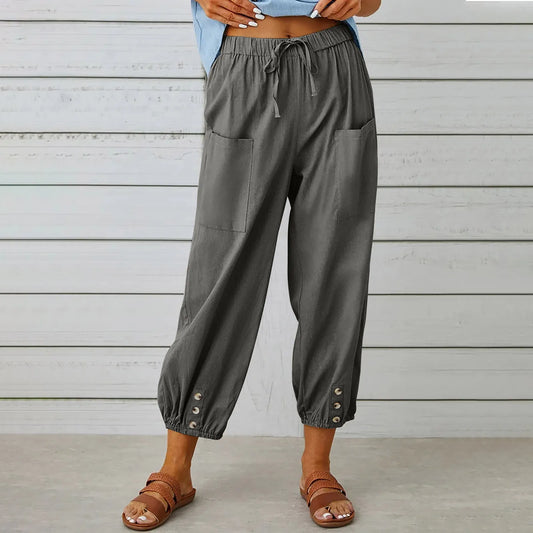 Cotton Linen Pockets Wide Leg Pants Women Vintage Full Length Fashion Elegent Pants Solid Elasitic Waist Spring Autumn 5XL