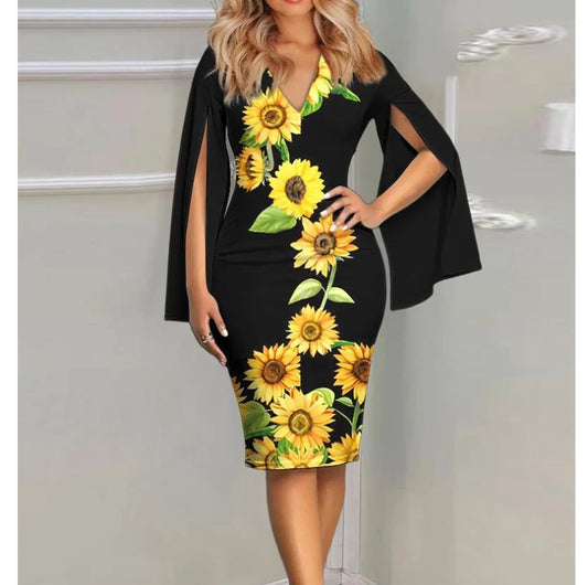 New Women Shift Dress Fashion Long Sleeve Floral Print Dress Summer V Neck Casual Knee Length Dress